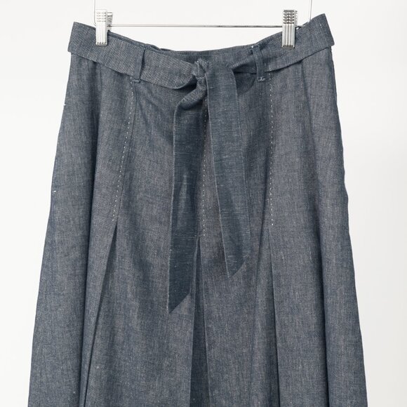 Max Mara Studio Blue Linen & Cotton Denim Belted Pleated Midi Skirt - Picture 3 of 10